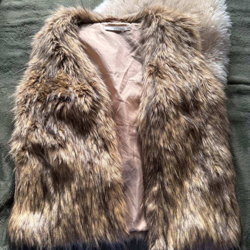 Ellison Faux Fur Vest Brown Cream Open Front Shaggy Outerwear Women's Size Small
